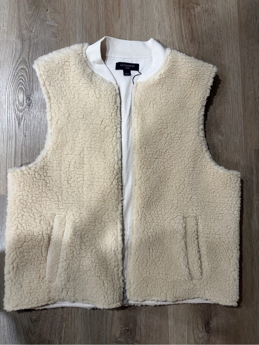 All Saints men’s Cream Sherpa Zip Vest